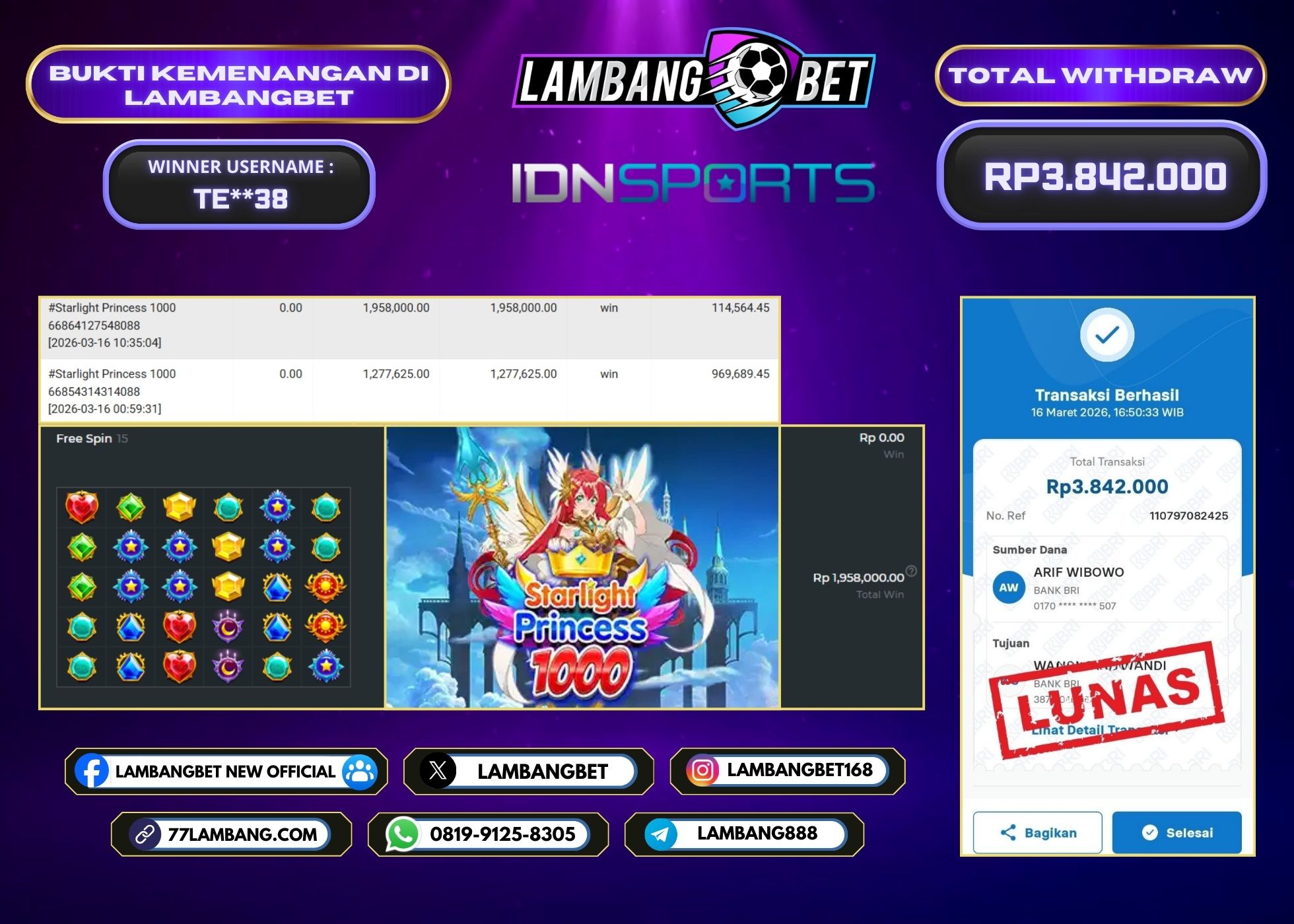 LAMBANGBET [16 MARET 2026] JACKPOT SLOT Starlight Princess 1000 "Rp3.842.000" LUNAS